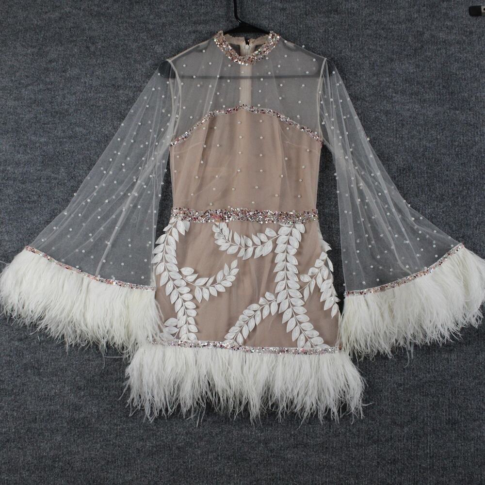 Sandra Mansour Dress Medium Embellished Tulle Mini Pearl Feather Party Luxury
